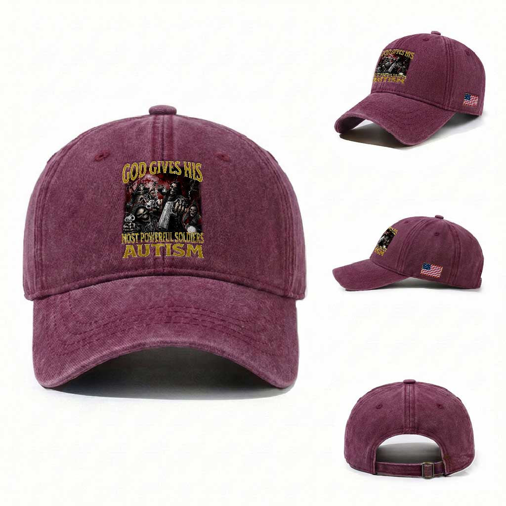 God Gives His Most Powerful Soldiers Autism Washed Cotton Baseball Cap Funny Hard Skeleton Meme TS11 Washed Cap Universal Fit Burgundy Print Your Wear