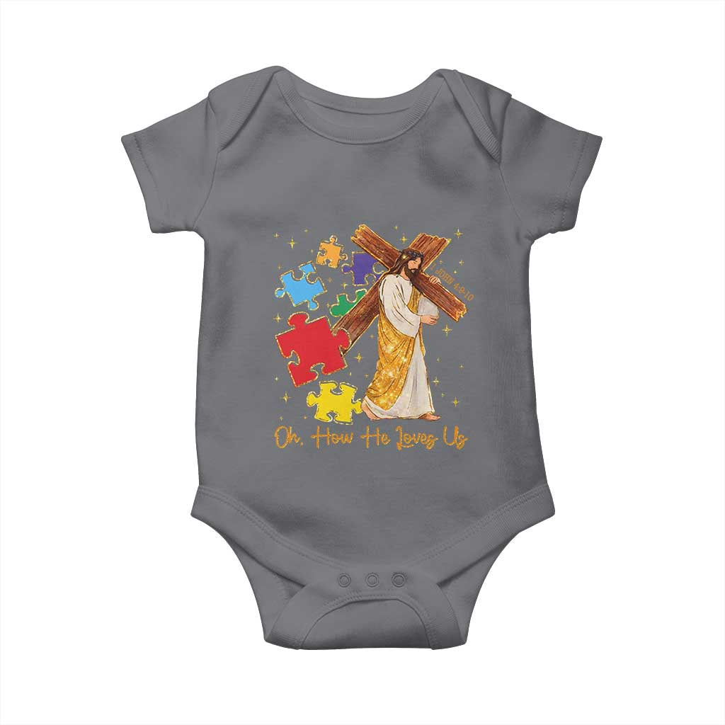 Autism Awareness Jesus Baby Onesie Oh How He Loves Us Christian Bible Verse TS11 Charcoal Print Your Wear
