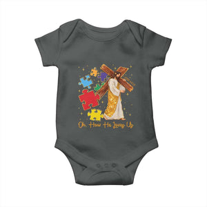 Autism Awareness Jesus Baby Onesie Oh How He Loves Us Christian Bible Verse TS11 Dark Heather Print Your Wear