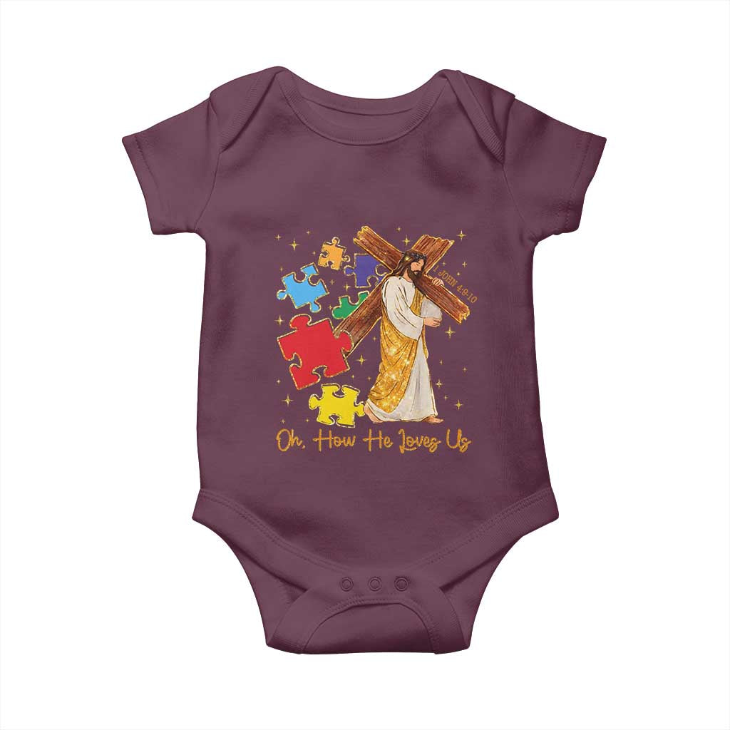 Autism Awareness Jesus Baby Onesie Oh How He Loves Us Christian Bible Verse TS11 Maroon Print Your Wear