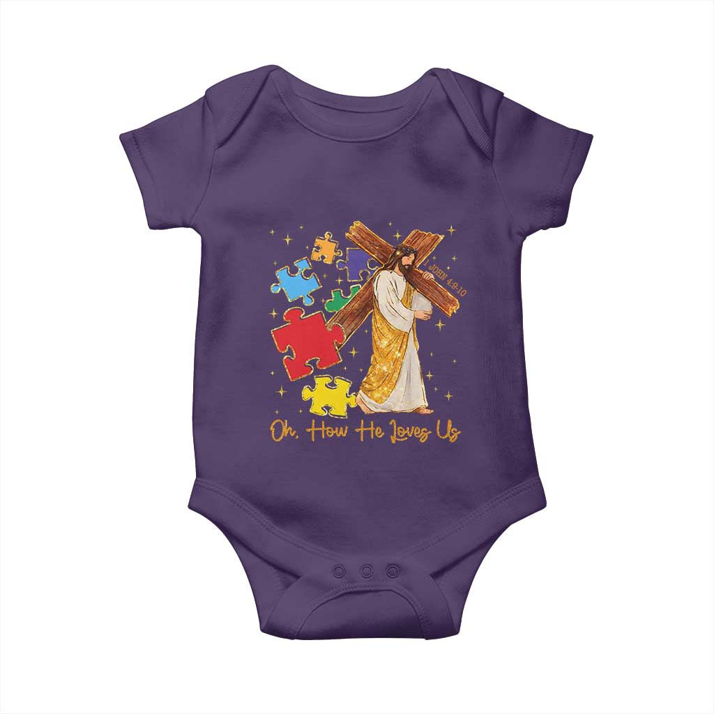 Autism Awareness Jesus Baby Onesie Oh How He Loves Us Christian Bible Verse TS11 Purple Print Your Wear