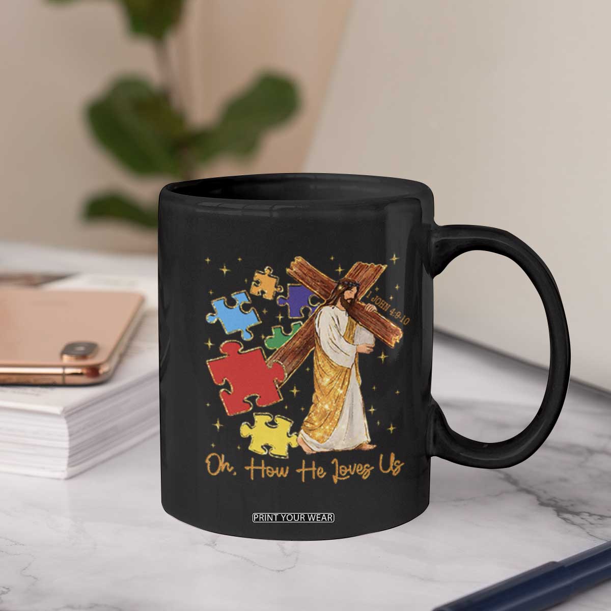 Autism Awareness Jesus Coffee Mug Oh How He Loves Us Christian Bible Verse TS11 Print Your Wear