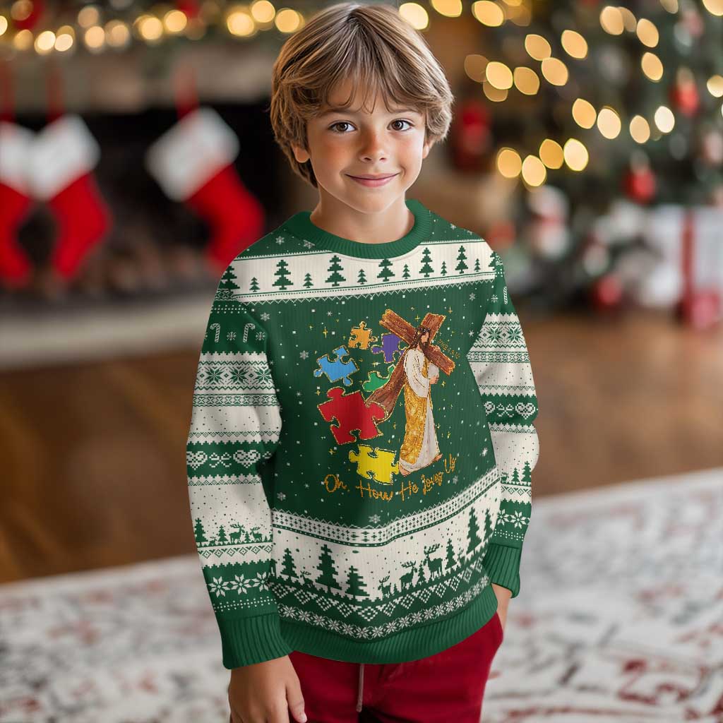 Autism Awareness Jesus Ugly Christmas Sweater Oh How He Loves Us Christian Bible Verse TS11 Forest Green Beige Print Your Wear