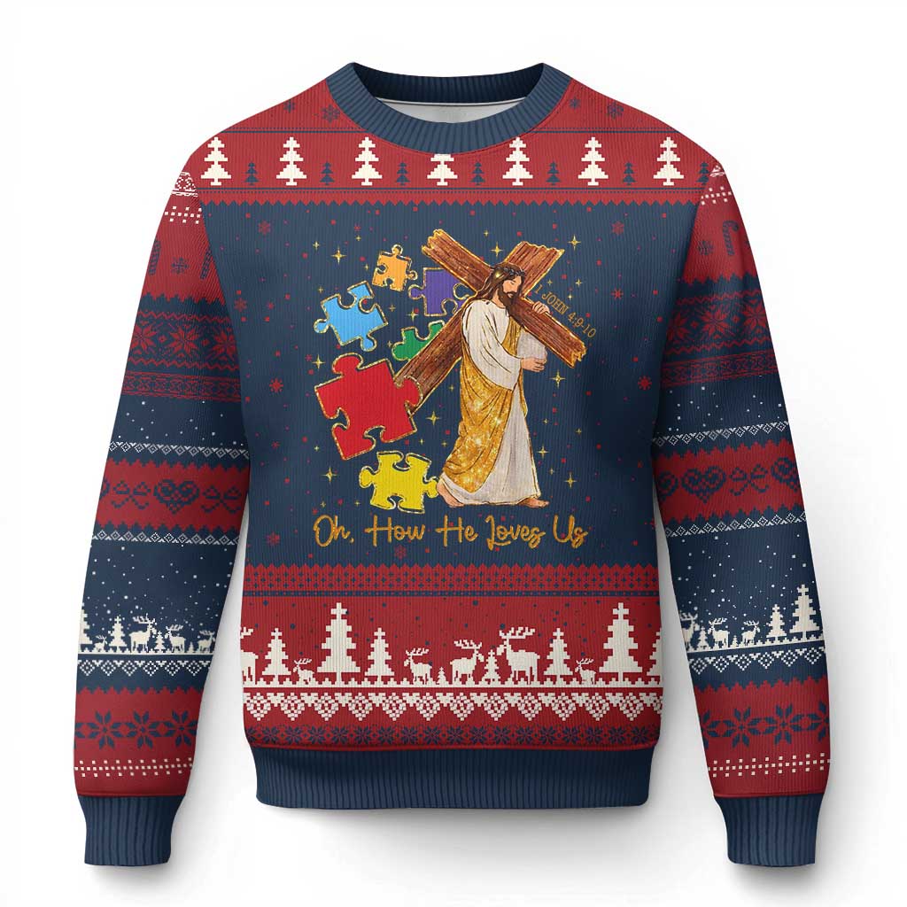 Autism Awareness Jesus Ugly Christmas Sweater Oh How He Loves Us Christian Bible Verse TS11 Navy Red Print Your Wear