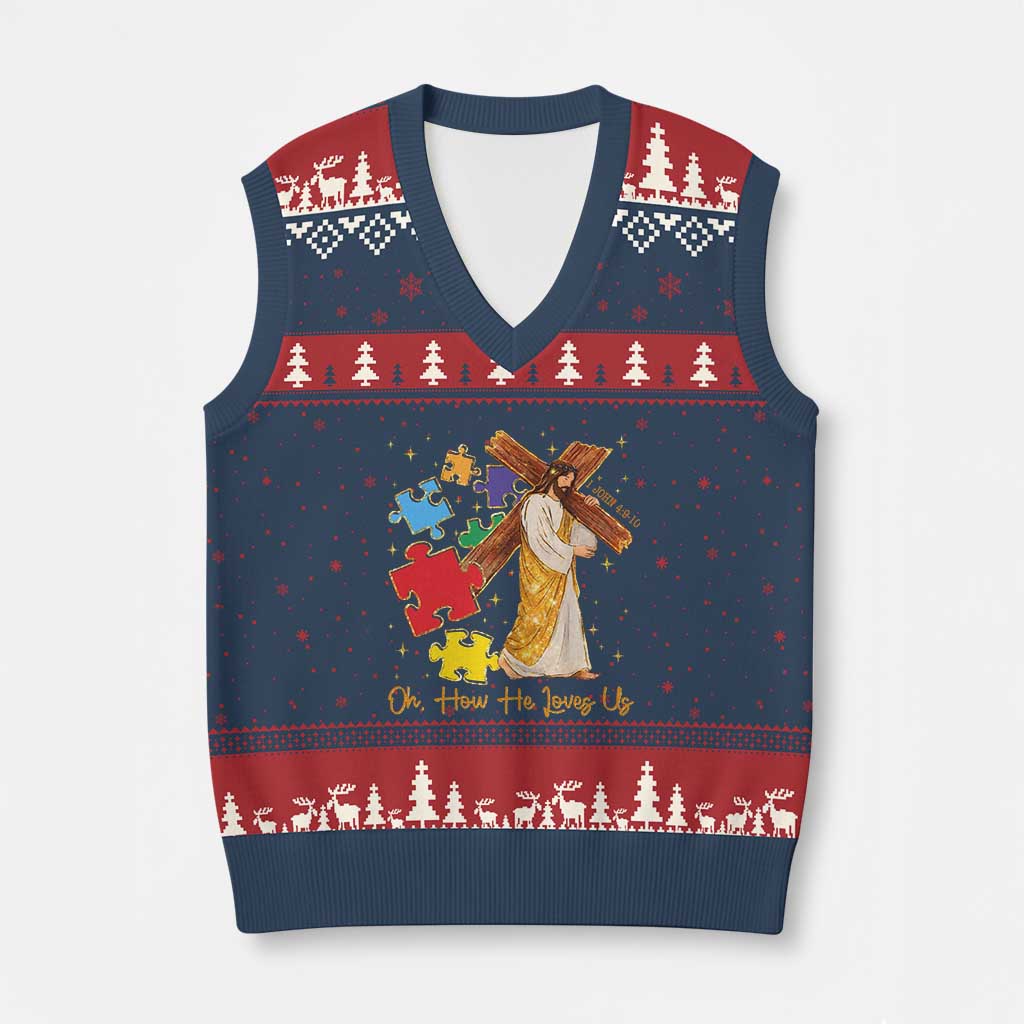 Autism Awareness Jesus V-Neck Knit Sweater Vest Oh How He Loves Us Christian Bible Verse TS11 Navy Red Print Your Wear