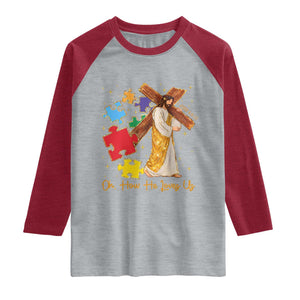 Autism Awareness Jesus Raglan Shirt Oh How He Loves Us Christian Bible Verse TS11 Heather Gray Heather Red Print Your Wear