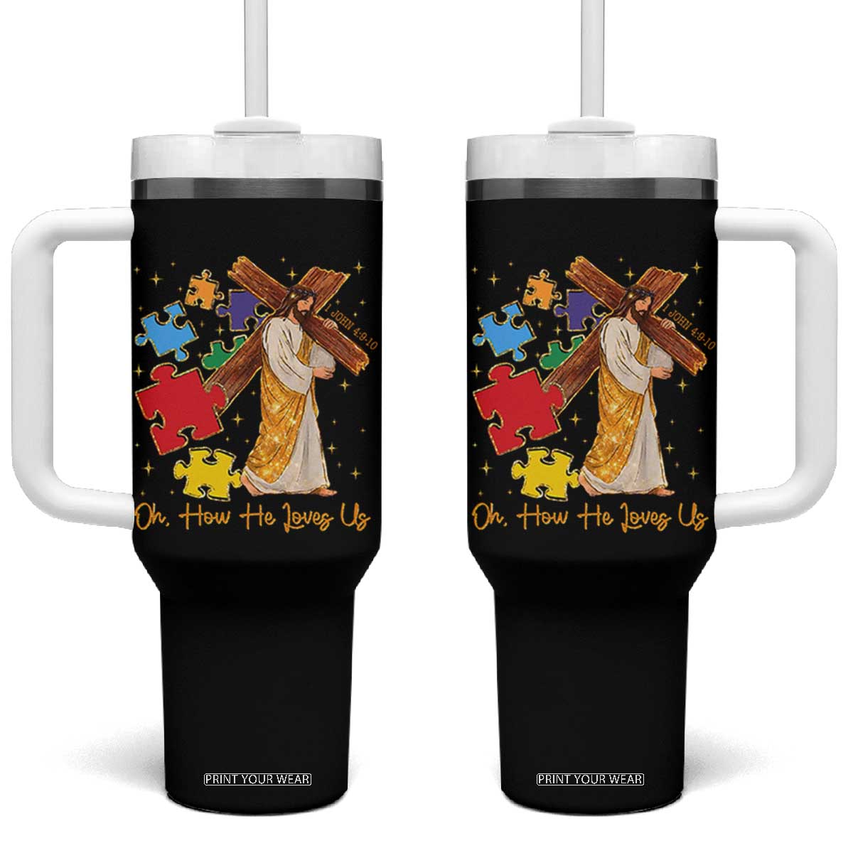 Autism Awareness Jesus Tumbler With Handle Oh How He Loves Us Christian Bible Verse TS11 One Size: 40 oz Black Print Your Wear