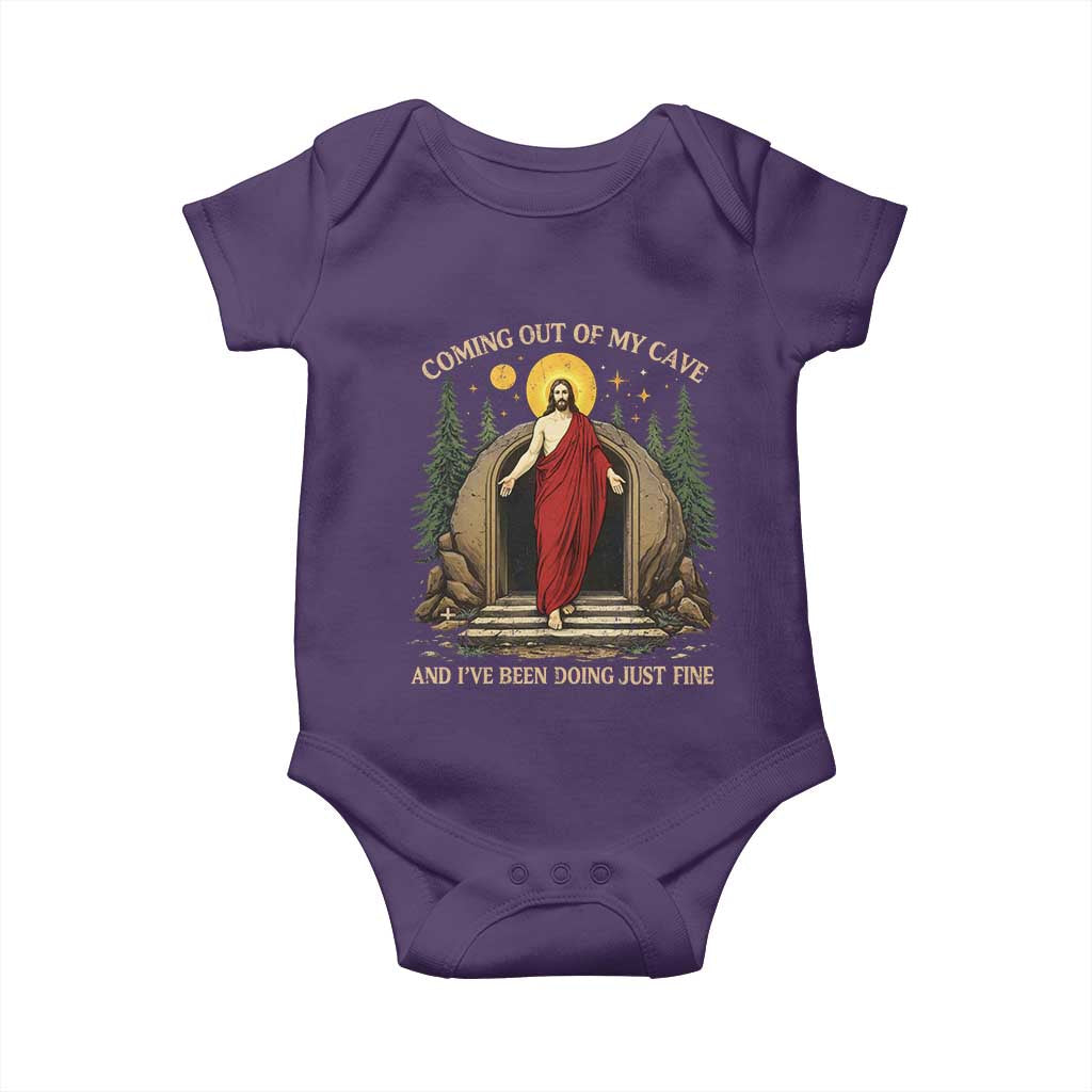 Jesus Coming Out Of My Cave And I Have Been Doing Just Fine Baby Onesie Funny Christian Easter TS11 Purple Print Your Wear