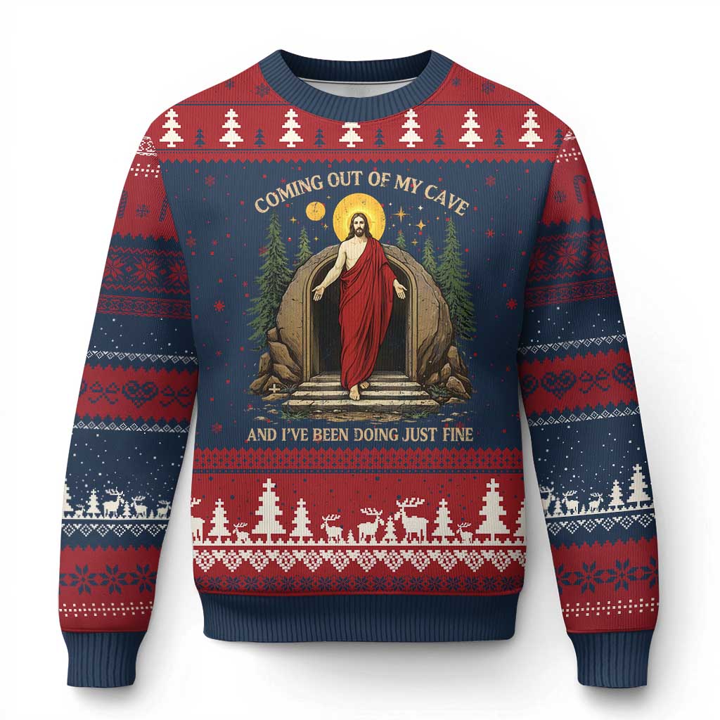 Jesus Coming Out Of My Cave And I Have Been Doing Just Fine Ugly Christmas Sweater Funny Christian Easter TS11 Navy Red Print Your Wear