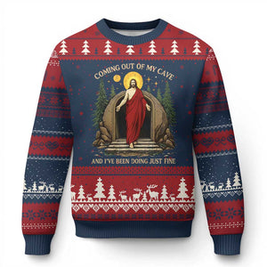 Jesus Coming Out Of My Cave And I Have Been Doing Just Fine Ugly Christmas Sweater Funny Christian Easter TS11 Navy Red Print Your Wear