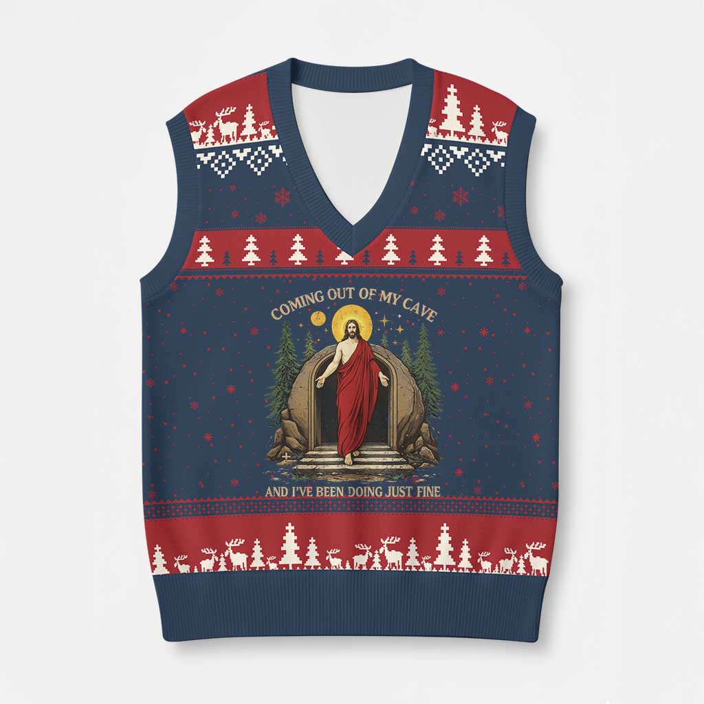Jesus Coming Out Of My Cave And I Have Been Doing Just Fine V-Neck Knit Sweater Vest Funny Christian Easter TS11 Navy Red Print Your Wear
