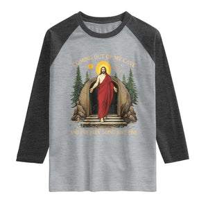 Jesus Coming Out Of My Cave And I Have Been Doing Just Fine Raglan Shirt Funny Christian Easter TS11 Heather Gray Heather Charcoal Print Your Wear