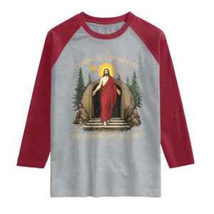 Jesus Coming Out Of My Cave And I Have Been Doing Just Fine Raglan Shirt Funny Christian Easter TS11 Heather Gray Heather Red Print Your Wear