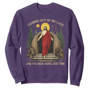 Jesus Coming Out Of My Cave And I Have Been Doing Just Fine Sweatshirt Funny Christian Easter TS11 Purple Print Your Wear