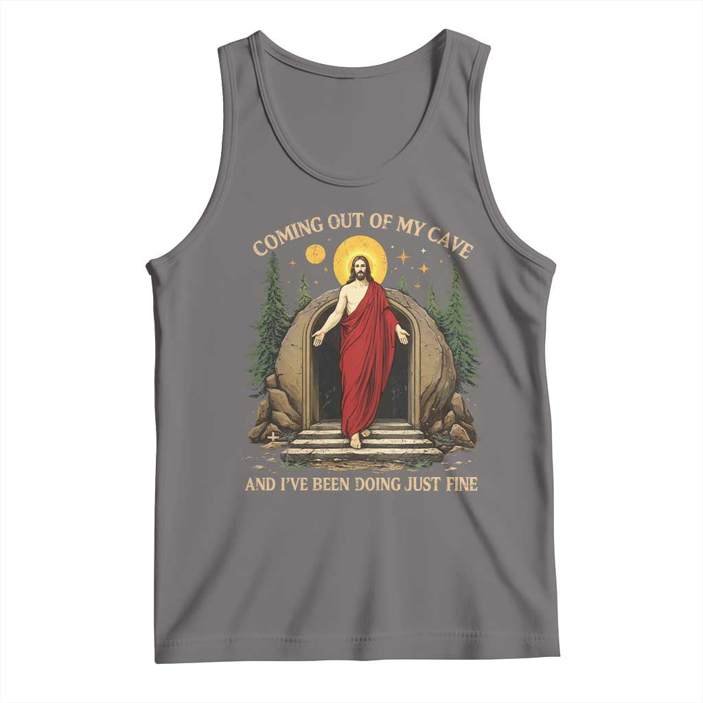 Jesus Coming Out Of My Cave And I Have Been Doing Just Fine Tank Top Funny Christian Easter TS11 Deep Heather Print Your Wear