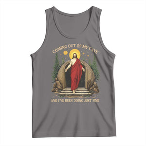 Jesus Coming Out Of My Cave And I Have Been Doing Just Fine Tank Top Funny Christian Easter TS11 Deep Heather Print Your Wear