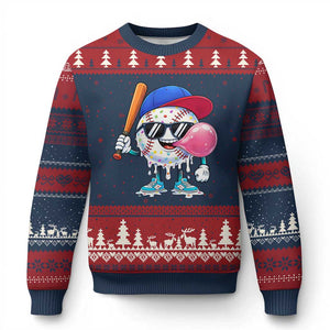 Baseball Bubble Gum Sports Game Day Ugly Christmas Sweater TS11 Navy Red Print Your Wear