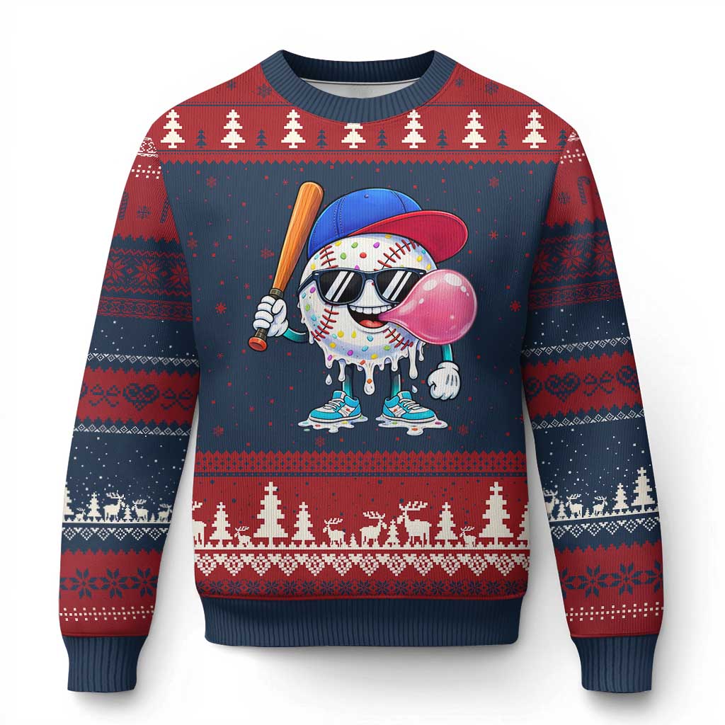 Baseball Bubble Gum Sports Game Day Ugly Christmas Sweater TS11 Navy Red Print Your Wear