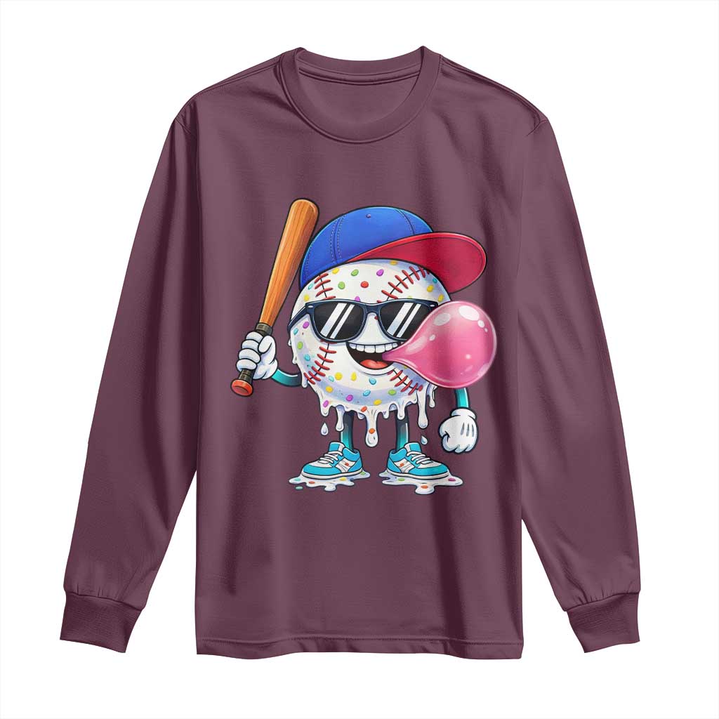Baseball Bubble Gum Sports Game Day Long Sleeve Shirt TS11 Maroon Print Your Wear