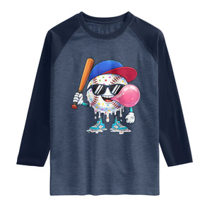 Baseball Bubble Gum Sports Game Day Raglan Shirt TS11 Heather Denim Navy Print Your Wear