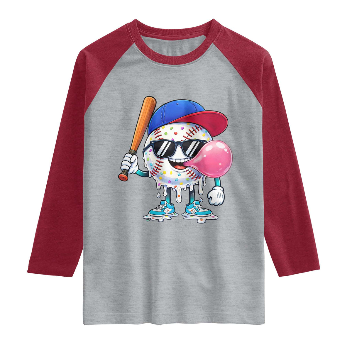 Baseball Bubble Gum Sports Game Day Raglan Shirt TS11 Heather Gray Heather Red Print Your Wear
