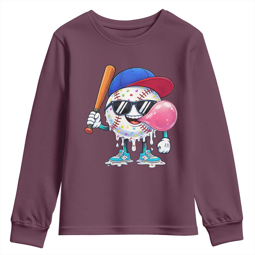 Baseball Bubble Gum Sports Game Day Youth Sweatshirt TS11 Maroon Print Your Wear