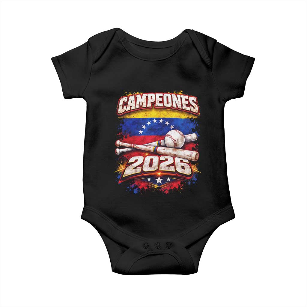 Venezuela Campeones 2026 Baseball Championship Baby Onesie Vintage Venezuelan Flag TS11 Black Print Your Wear