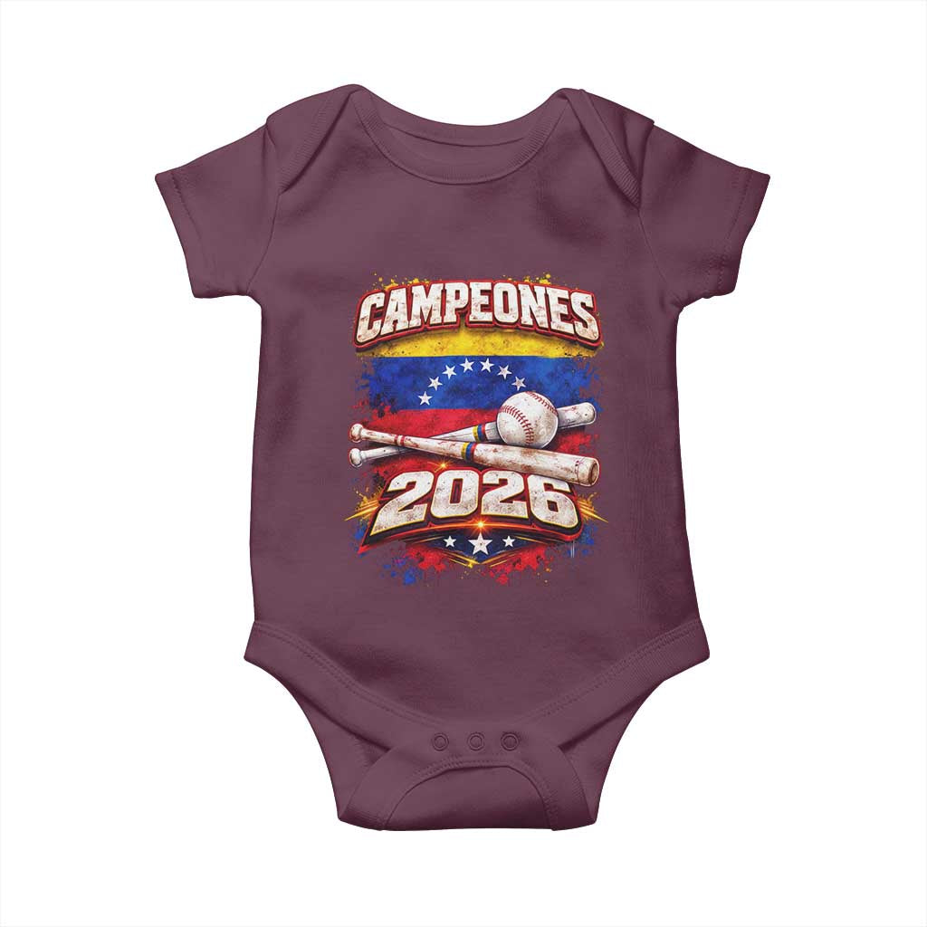 Venezuela Campeones 2026 Baseball Championship Baby Onesie Vintage Venezuelan Flag TS11 Maroon Print Your Wear
