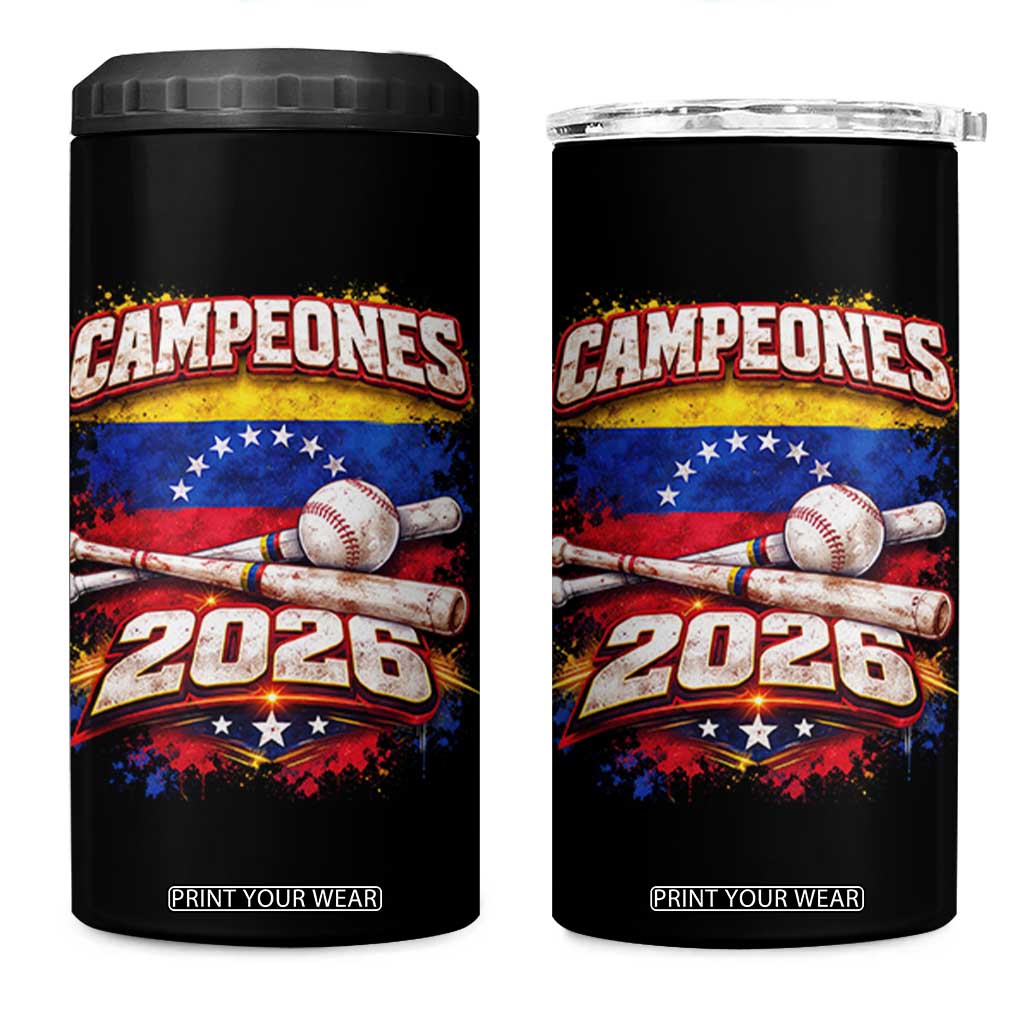 Venezuela Campeones 2026 Baseball Championship 4 in 1 Can Cooler Tumbler Vintage Venezuelan Flag TS11 One Size: 16 oz Black Print Your Wear