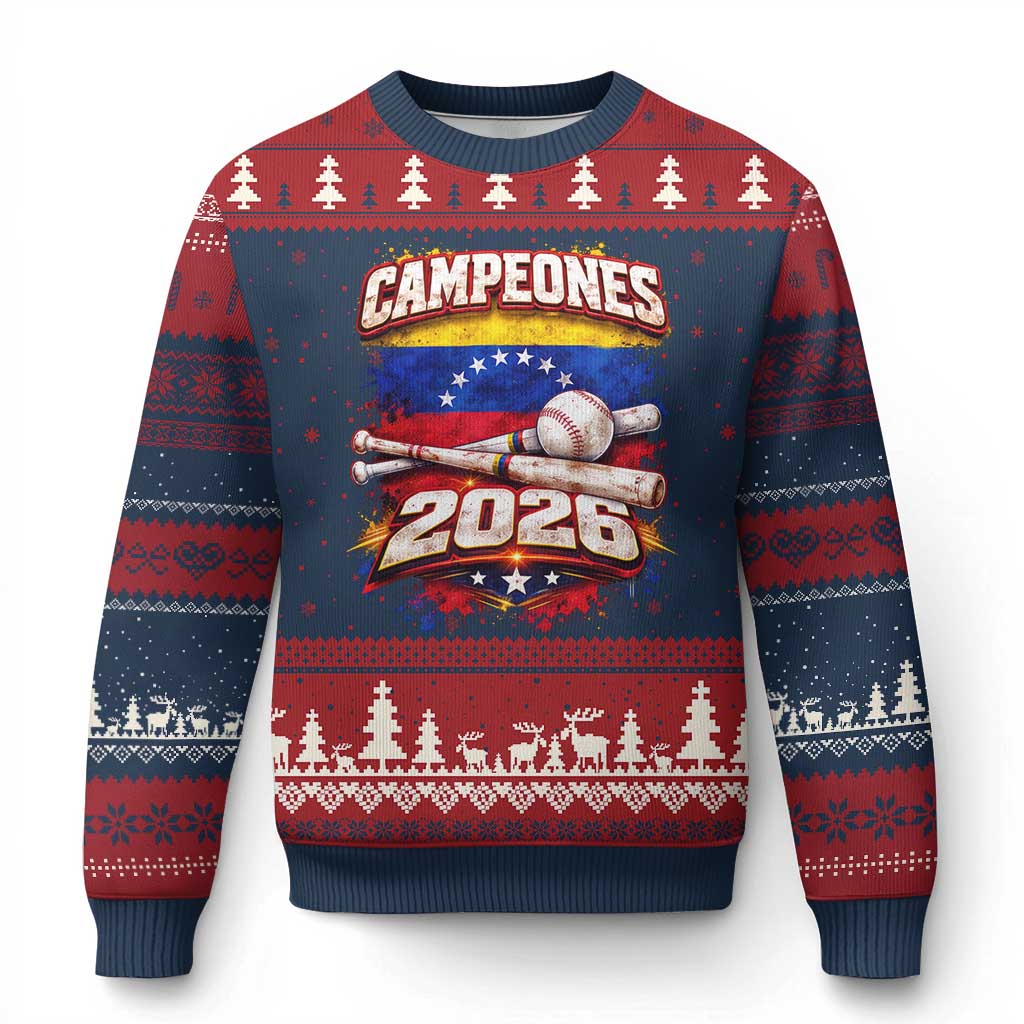 Venezuela Campeones 2026 Baseball Championship Ugly Christmas Sweater Vintage Venezuelan Flag TS11 Navy Red Print Your Wear