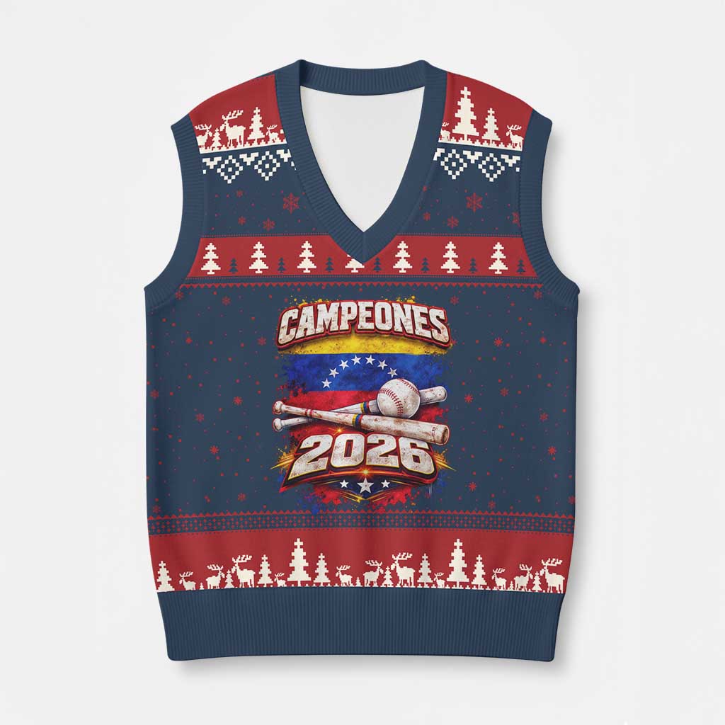 Venezuela Campeones 2026 Baseball Championship V-Neck Knit Sweater Vest Vintage Venezuelan Flag TS11 Navy Red Print Your Wear