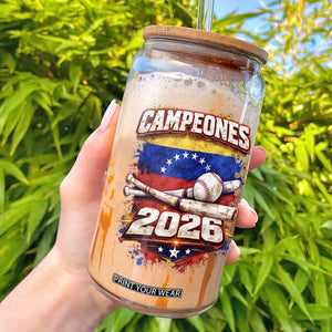 Venezuela Campeones 2026 Baseball Championship Glass Can Vintage Venezuelan Flag TS11 Black Print Your Wear