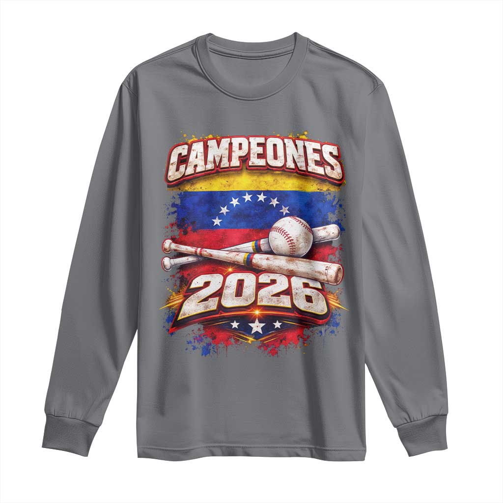 Venezuela Campeones 2026 Baseball Championship Long Sleeve Shirt Vintage Venezuelan Flag TS11 Charcoal Print Your Wear