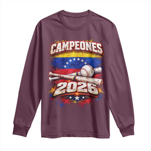 Venezuela Campeones 2026 Baseball Championship Long Sleeve Shirt Vintage Venezuelan Flag TS11 Maroon Print Your Wear