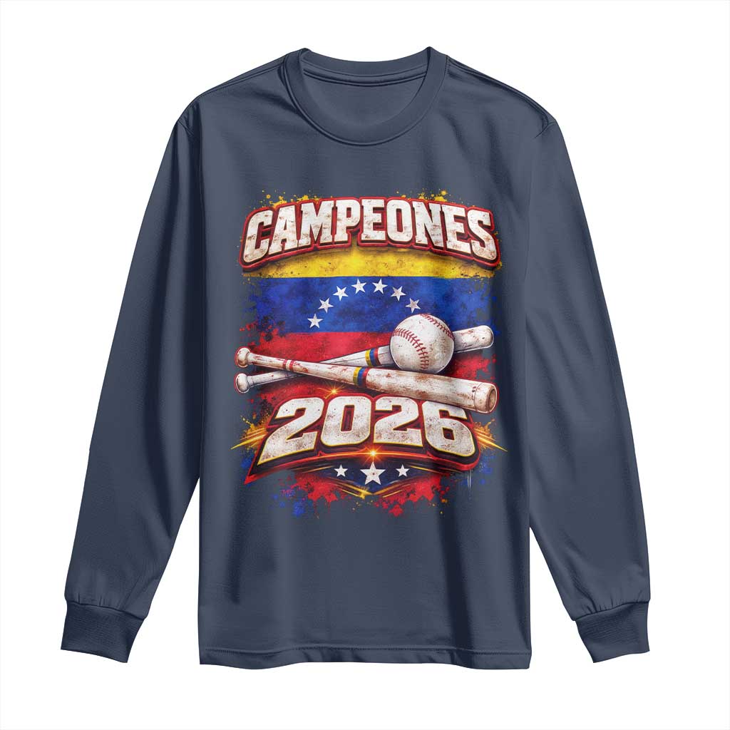 Venezuela Campeones 2026 Baseball Championship Long Sleeve Shirt Vintage Venezuelan Flag TS11 Navy Print Your Wear