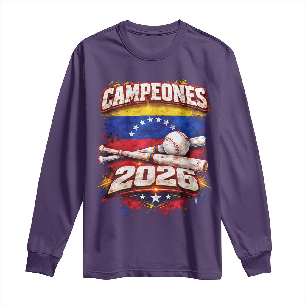 Venezuela Campeones 2026 Baseball Championship Long Sleeve Shirt Vintage Venezuelan Flag TS11 Purple Print Your Wear