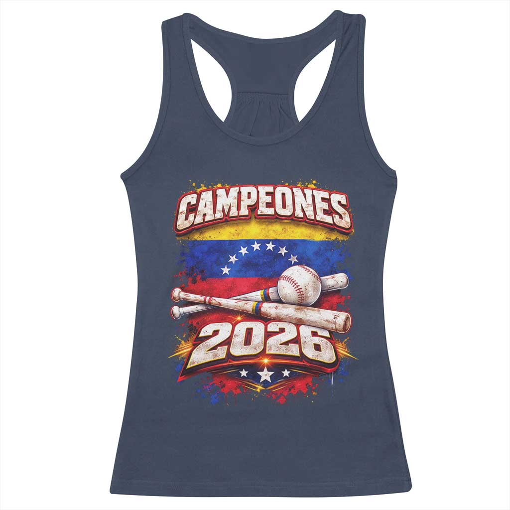 Venezuela Campeones 2026 Baseball Championship Racerback Tank Top Vintage Venezuelan Flag TS11 Navy Print Your Wear