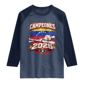 Venezuela Campeones 2026 Baseball Championship Raglan Shirt Vintage Venezuelan Flag TS11 Heather Denim Navy Print Your Wear