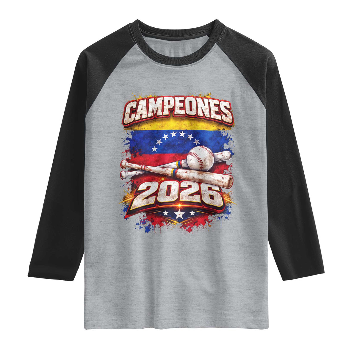 Venezuela Campeones 2026 Baseball Championship Raglan Shirt Vintage Venezuelan Flag TS11 Heather Gray Black Print Your Wear
