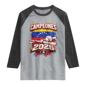 Venezuela Campeones 2026 Baseball Championship Raglan Shirt Vintage Venezuelan Flag TS11 Heather Gray Heather Charcoal Print Your Wear