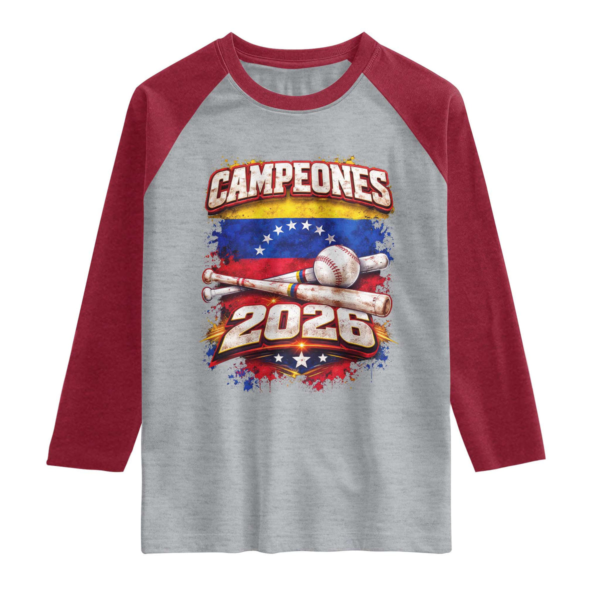 Venezuela Campeones 2026 Baseball Championship Raglan Shirt Vintage Venezuelan Flag TS11 Heather Gray Heather Red Print Your Wear