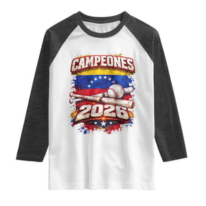 Venezuela Campeones 2026 Baseball Championship Raglan Shirt Vintage Venezuelan Flag TS11 White Heather Charcoal Print Your Wear