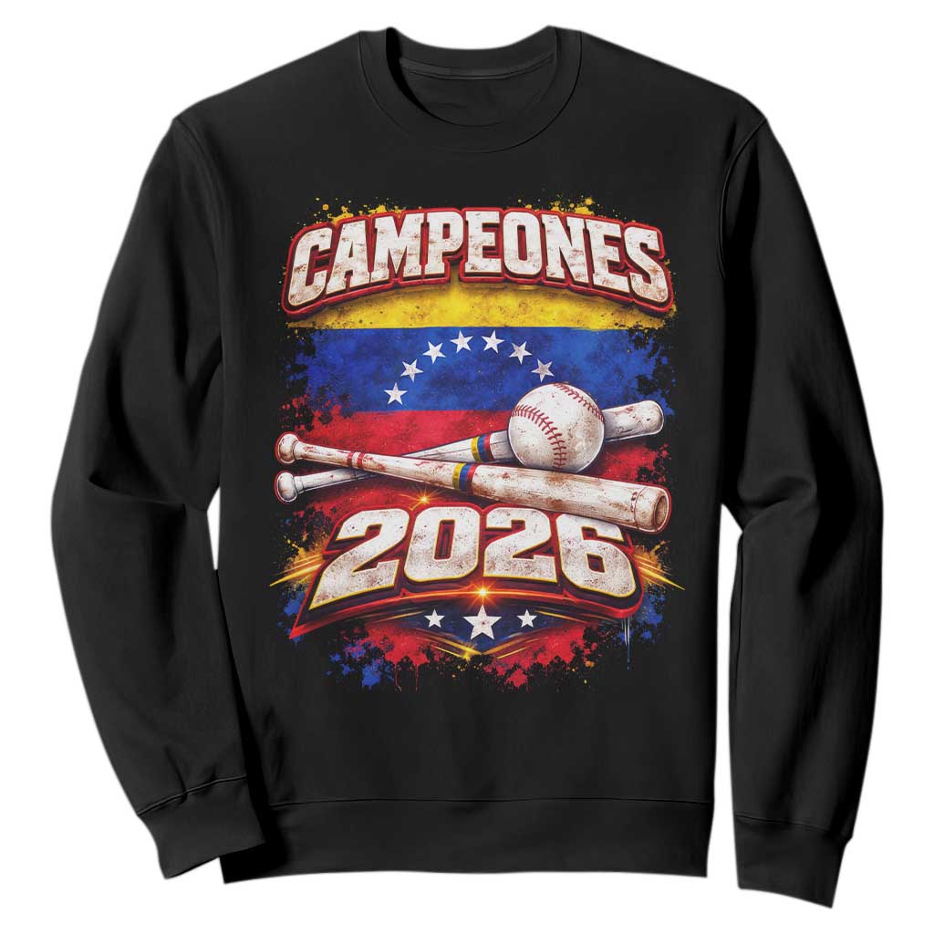 Venezuela Campeones 2026 Baseball Championship Sweatshirt Vintage Venezuelan Flag TS11 Black Print Your Wear