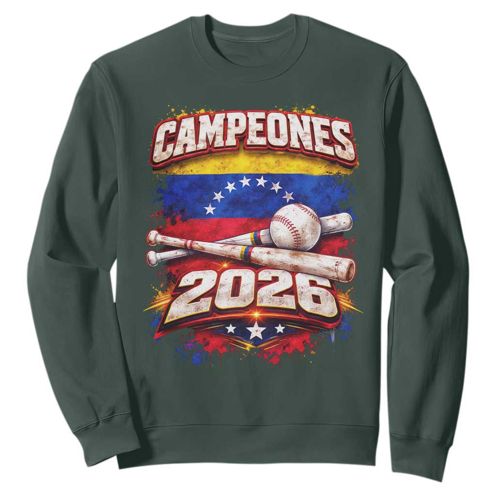 Venezuela Campeones 2026 Baseball Championship Sweatshirt Vintage Venezuelan Flag TS11 Dark Forest Green Print Your Wear