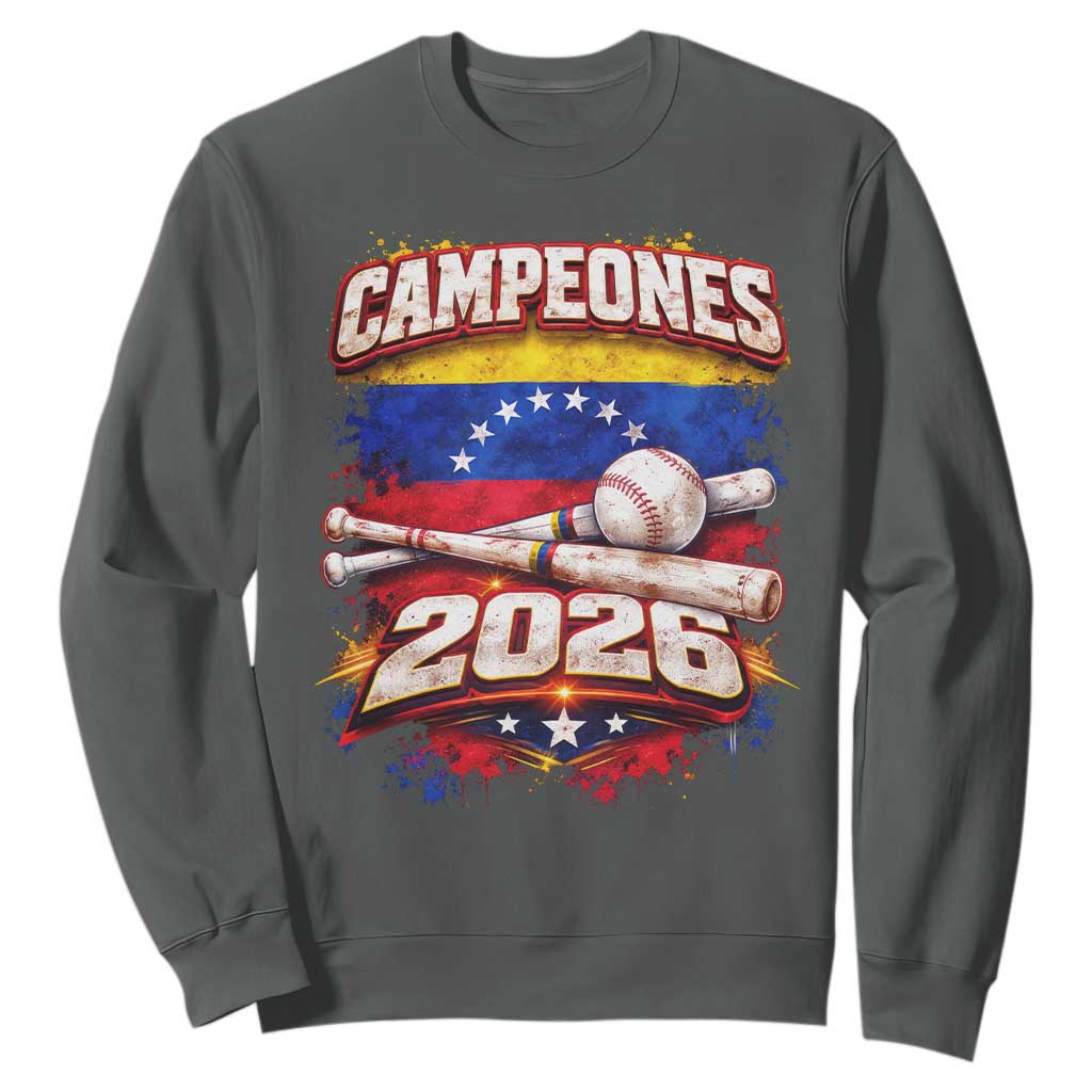 Venezuela Campeones 2026 Baseball Championship Sweatshirt Vintage Venezuelan Flag TS11 Dark Heather Print Your Wear