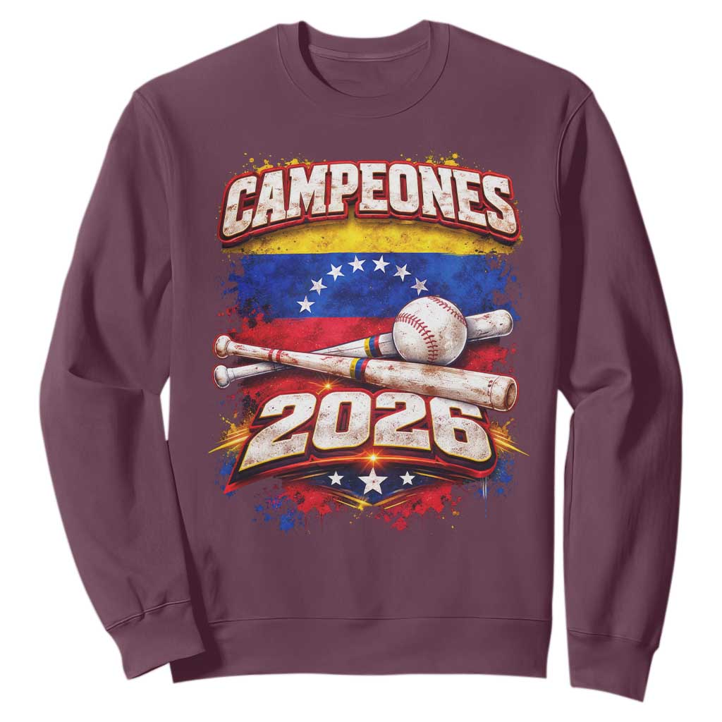 Venezuela Campeones 2026 Baseball Championship Sweatshirt Vintage Venezuelan Flag TS11 Maroon Print Your Wear