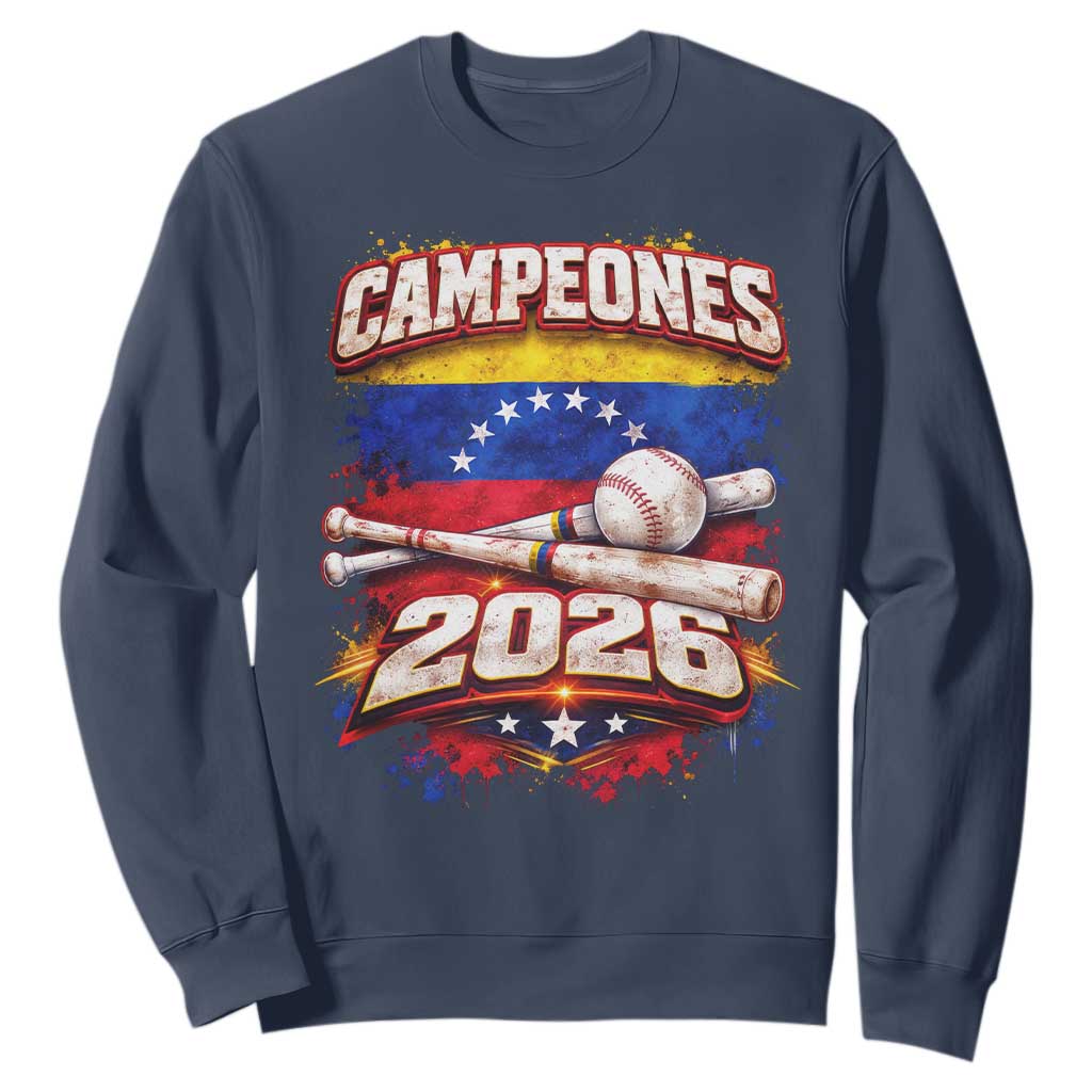 Venezuela Campeones 2026 Baseball Championship Sweatshirt Vintage Venezuelan Flag TS11 Navy Print Your Wear