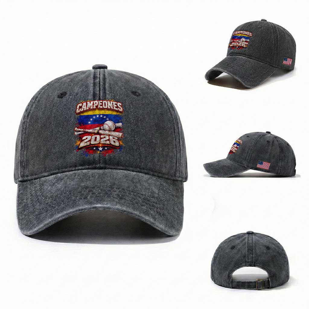 Venezuela Campeones 2026 Baseball Championship Washed Cotton Baseball Cap Vintage Venezuelan Flag TS11 Washed Cap Universal Fit Dark Gray Print Your Wear