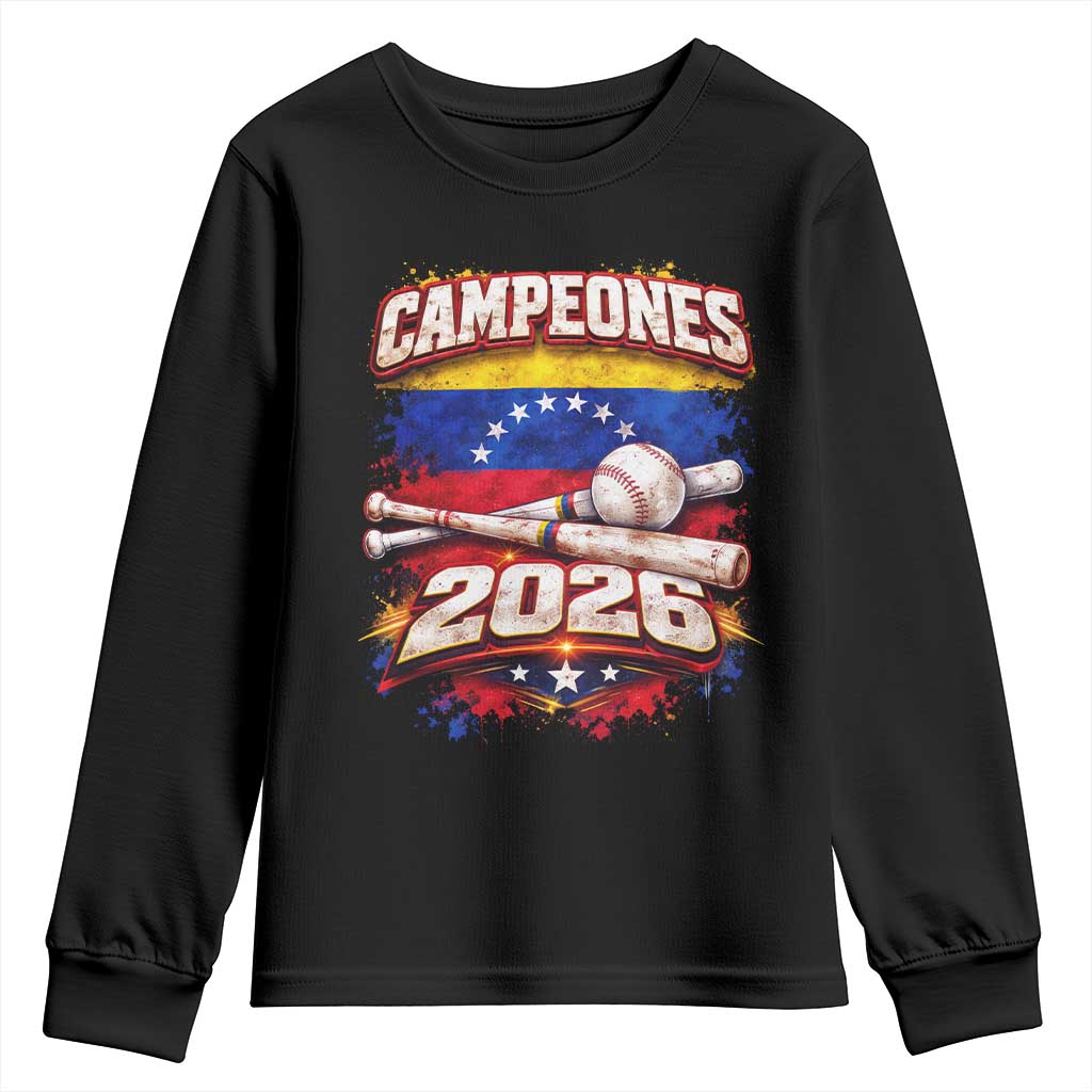 Venezuela Campeones 2026 Baseball Championship Youth Sweatshirt Vintage Venezuelan Flag TS11 Black Print Your Wear