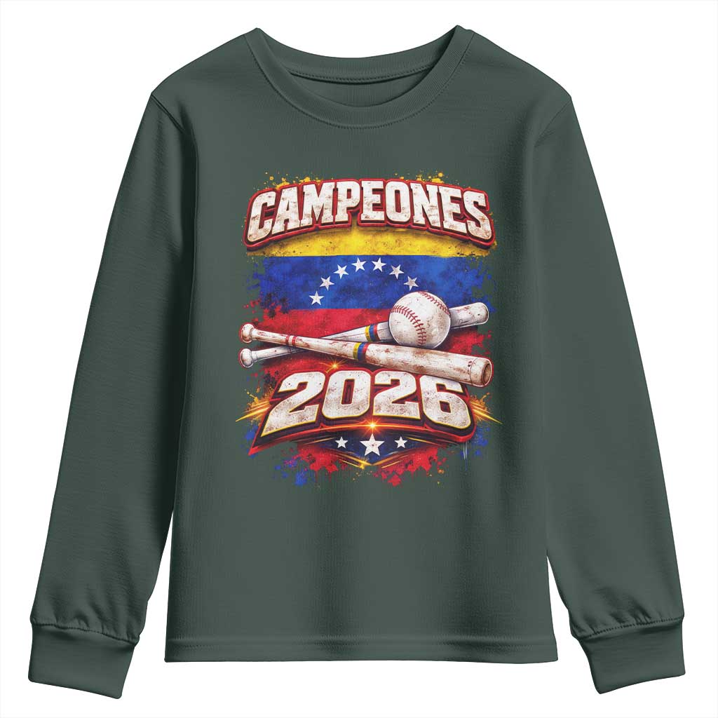 Venezuela Campeones 2026 Baseball Championship Youth Sweatshirt Vintage Venezuelan Flag TS11 Dark Forest Green Print Your Wear